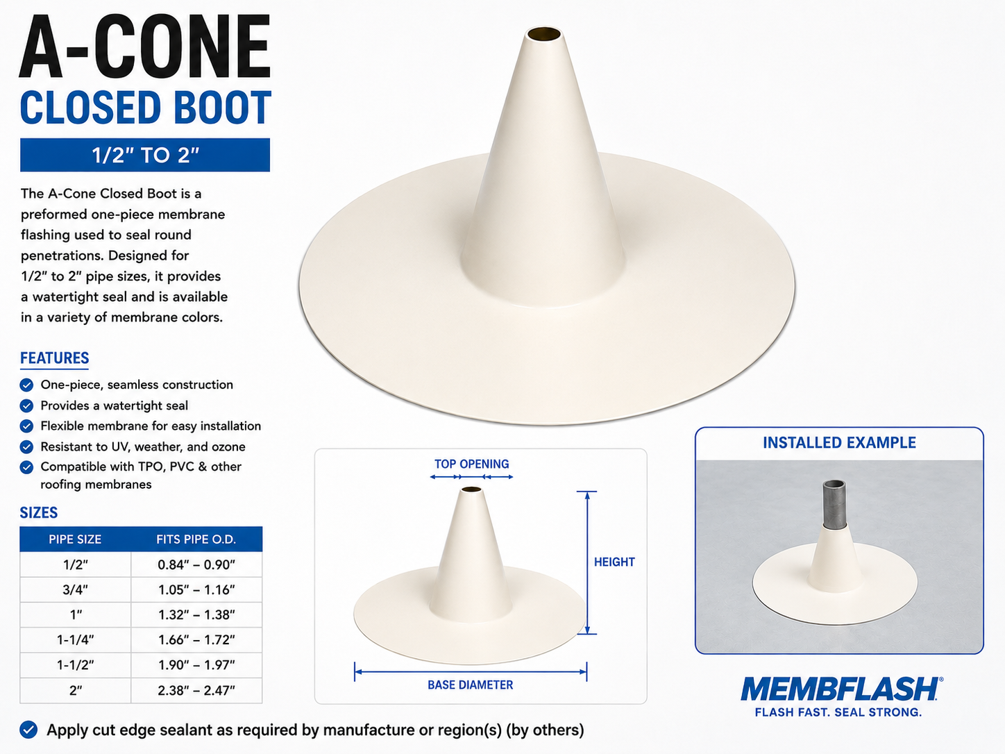A-Cone closed flashing boot dimension drawing